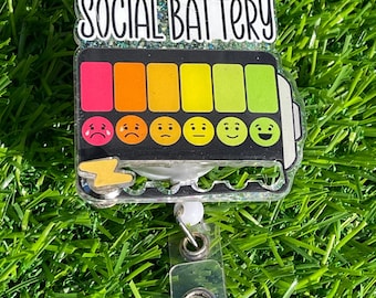 Social Battery Badge Reel: Glitter Epoxy Alligator Clip ID Holder | Funny Nurse Badge Holder