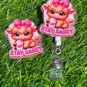 sassy cow badge reel,retractable badge reel, cow badge reel,Highland Cow Badge Reel, Cherry Highland Cow Badge holder, Teacher Badge Reel,