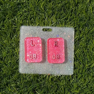 Può includere: Un porta badge argentato glitterato con due accenti rettangolari rosa glitterati. Ogni accento rosa ha una lettera e le lettere "CB" in un carattere più piccolo. Le lettere sono "L" e "R". Il porta badge ha un foro nella parte superiore.