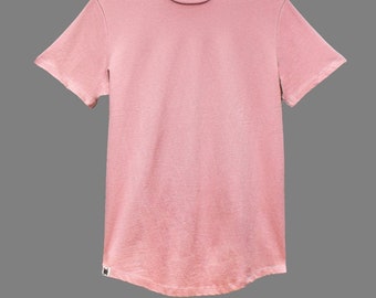 May include: A plain pink t-shirt with short sleeves and a curved hem.