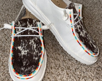 Custom Cowhide & (2 strand) Beaded Hey Dudes  COMPLETE CUSTOMIZATION AVAILABLE