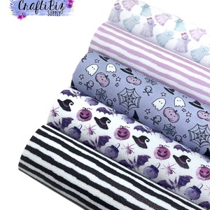 Pebbled Halloween faux leather sheets, boo, ghost, purple, witch, stripes, black and white, bow material, diy bow supplies, earrings