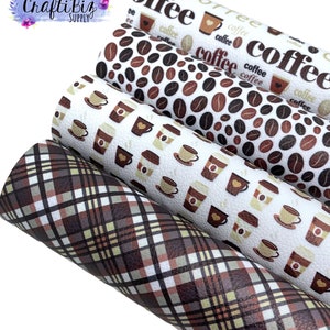 Pebbled Coffee faux leather sheets, cup, Coffee beans, plaid, words, faux leather, bow material, diy bow supplies, earrings
