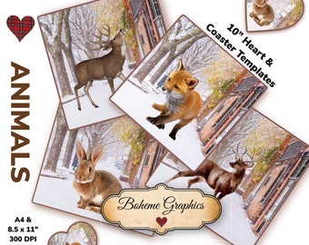 Printable Animal Image File, Collage Digital Download Template For Hearts And Coasters, Scrapbooking Ephemera