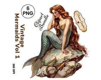 6 Printable Vintage Mermaid Clipart PNG Images For Decoupage, Nautical Under The Sea Art Decor, Vol 1