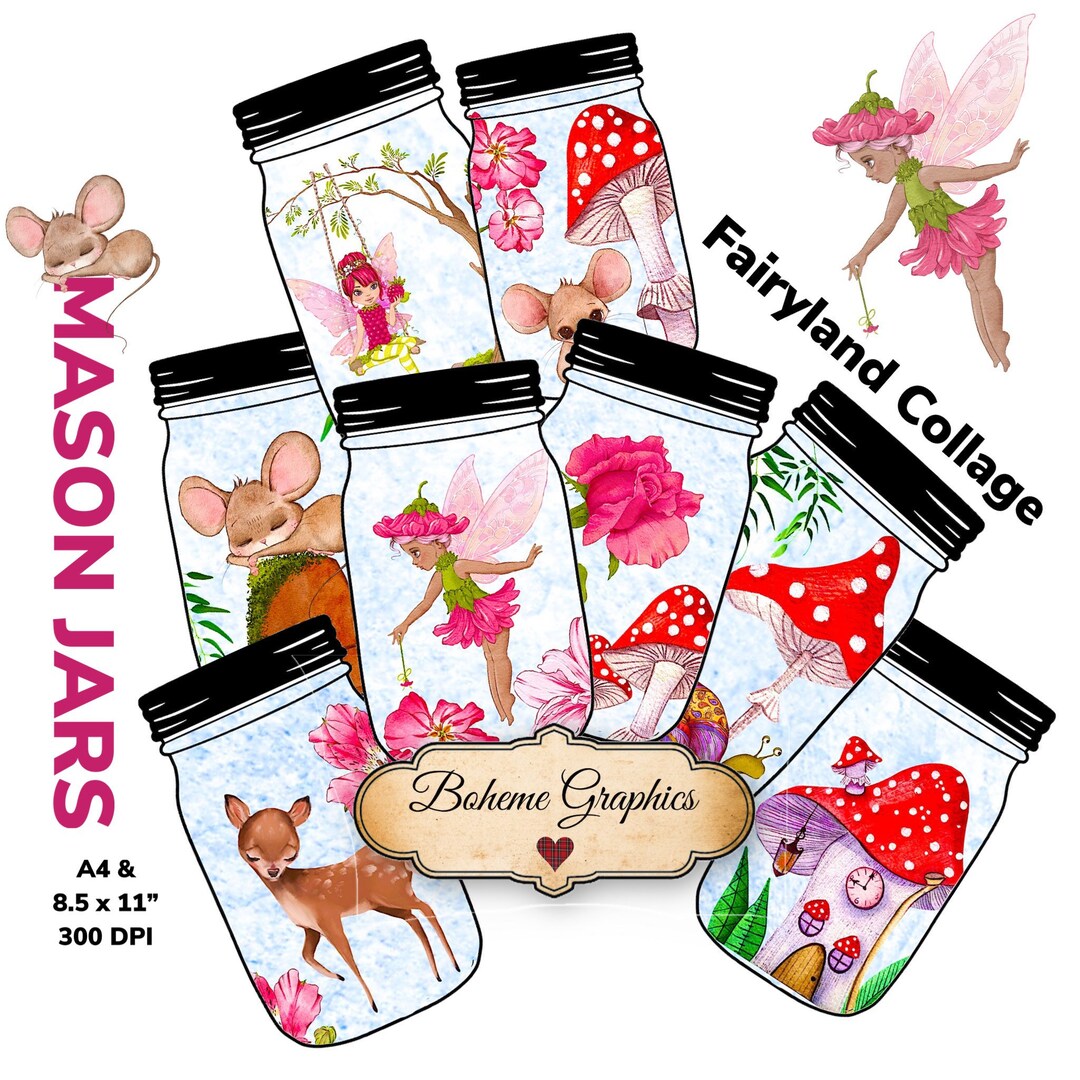 Fairy Mason Jar Printable Collage Images, Scrapbooking Ephemera