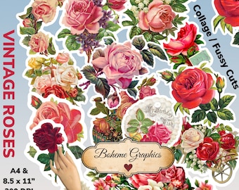 Imágenes de corte quisquilloso de collage de rosas vintage imprimible, Descarga digital, Efímero de Scrapbooking, Revistas basura