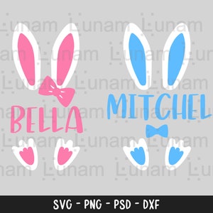 May include: A digital design featuring two bunny rabbits with the names Bella and Mitchel. The bunny for Bella has pink ears and a pink bow, while the bunny for Mitchel has blue ears and a blue bow tie.