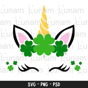 May include: A black and white unicorn silhouette with a gold horn and a wreath of green four-leaf clovers around its head. The unicorn has pink ears and closed eyes.