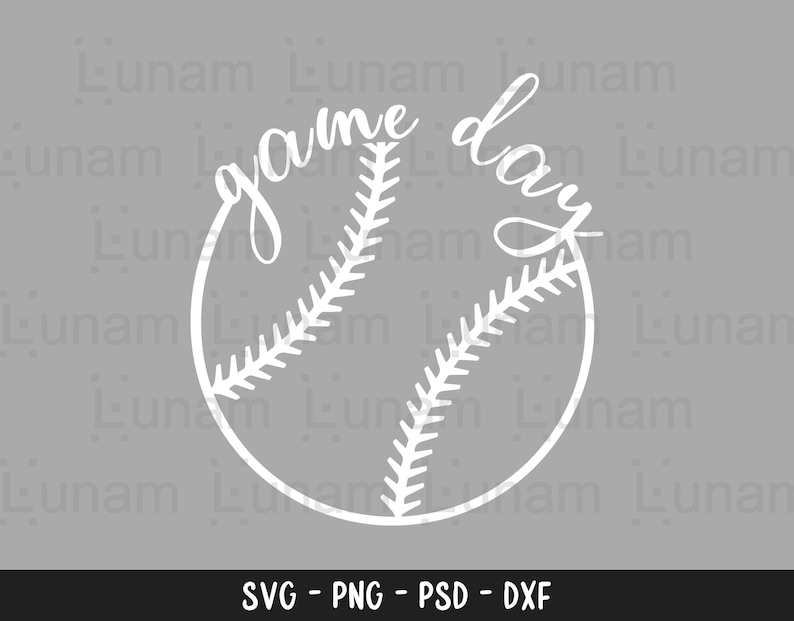May include: White graphic design with the text "game day" in a cursive font. The text is wrapped around a white baseball with stitching.