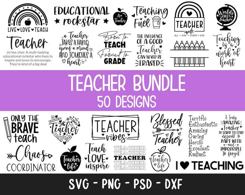 Pu&ograve; includere: Una collezione di 50 design per insegnanti in formato SVG, PNG, PSD e DXF. I design presentano varie frasi e grafiche relative all'insegnamento, come "Teacher Vibes", "Teacher Life", "Only the Brave Teach" e "I Love Teaching".