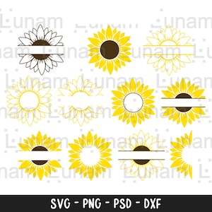Pacote SVG de girassol, SVG de girassol, Svg de flor, Svg de monograma, Svg de meio girassol, Arquivos Svg de girassol, Arquivo cortado Cricut, Silhueta, Cameo