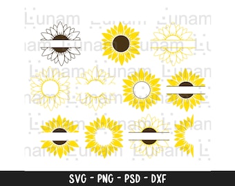 May include: Set of ten sunflower SVG cut files. The sunflowers are in various styles, including a split sunflower with a space for text, a full sunflower with a circle in the center, and a half sunflower.