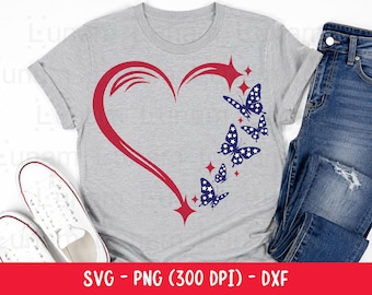 4th of July Heart SVG, USA Butterfly Heart SVG, Independence Day Heart Svg, Independence Day Girl's Shirt Design, Usa Butterfly Heart Design