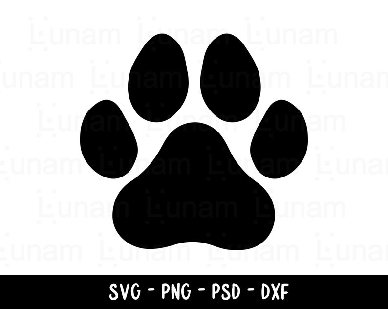 May include: A black paw print graphic on a white background. The paw print is a silhouette of a dog's paw, with five distinct pads. The bottom of the image contains the text "SVG - PNG - PSD - DXF".