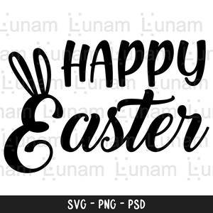 May include: Black and white graphic design featuring the text "Happy Easter" and a stylised bunny ear design.