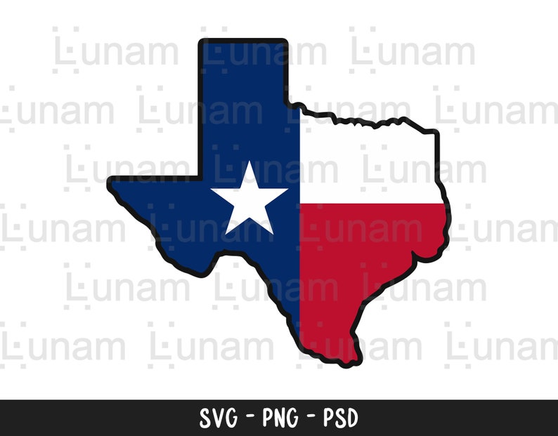 May include: A blue and red outline of the state of Texas with a white star in the blue portion and red and white stripes in the red portion.