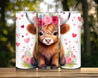 Highland Cow Valentines Day 20 oz Skinny Tumbler Sublimation Design, Highland Cow Tumbler Wrap, Valentine Tumbler Wrap, Digital Download