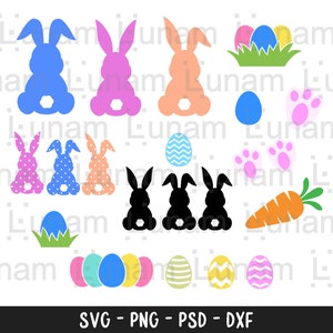 May include: A set of Easter bunny and egg SVG cut files. The set includes a variety of bunny silhouettes in pink, blue, and orange, as well as eggs in various colors and patterns. There are also carrot and paw print designs.