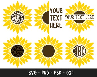 May include: Six different sunflower designs with various centerpieces. The centerpieces include a leopard print, a solid brown circle, a text box that says "Your Text Here", and a circle with the letters "ABC".