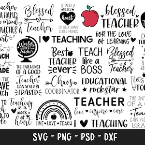 Pu&ograve; includere: Elementi di design grafico in bianco e nero con testo sull'insegnamento. Il testo include frasi come "Blessed Teacher", "Born to Teach", "The Influence of a Good Teacher", "Chaos Coordinator", "Educational Rockstar" e "Live Love Teach".