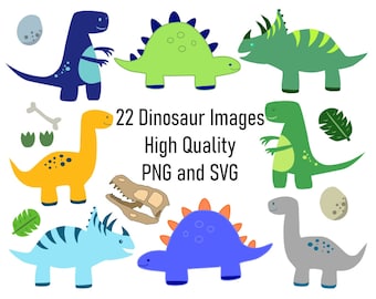 May include: A collection of 22 colorful dinosaur images in various poses and colors, including blue, green, yellow, and gray. The image includes text that reads "22 Dinosaur Images High Quality PNG and SVG".