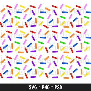 May include: A digital illustration of colorful sprinkles on a white background. The sprinkles are in various colors, including red, orange, yellow, green, blue, purple, and pink.