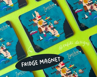 Magnet - Zanzibar illustrerad karta, matt finish | Souvenir, present, rese Afrika, Tanzania, Kiswahili, Kenya, rolig, afrikansk, reseminne