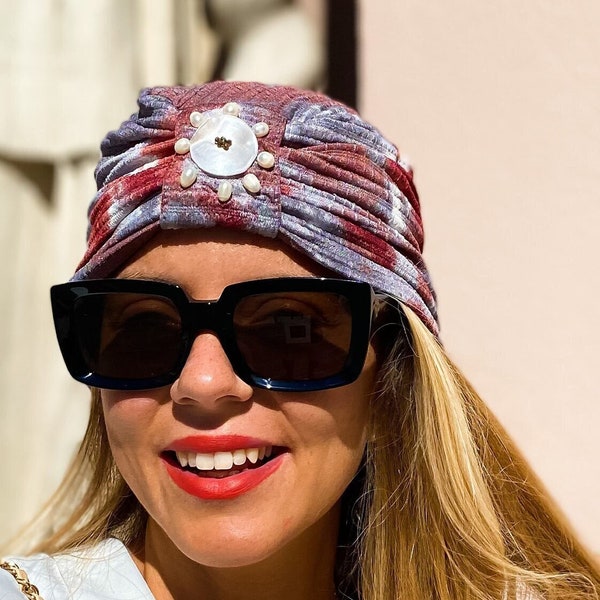 Handbestickter Boho-Turban, vorgebundener Sofort-Kopfwickel für Frauen, Batik-Turban mit Perlen, leichter Hijab, Boho-Turban-Hut