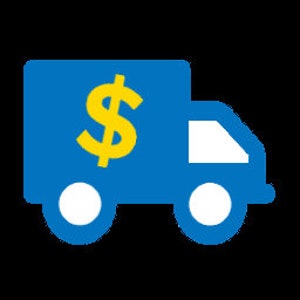 May include: A blue delivery truck with a yellow dollar sign on the side. The truck has white wheels.
