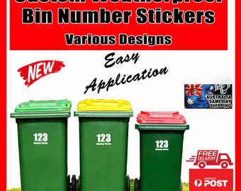 Custom Rubbish Bin Sticker Number Street Name Decal Wheelie - Large Waterproof Weatherproof Personalised Stickers