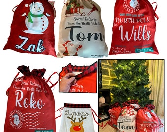 Personalised Large Jumbo Christmas Santa Sacks with Tie Top XMAS Sack Gifts Ornaments Tree Gift Stocking Bag Custom Name Kids Childrens