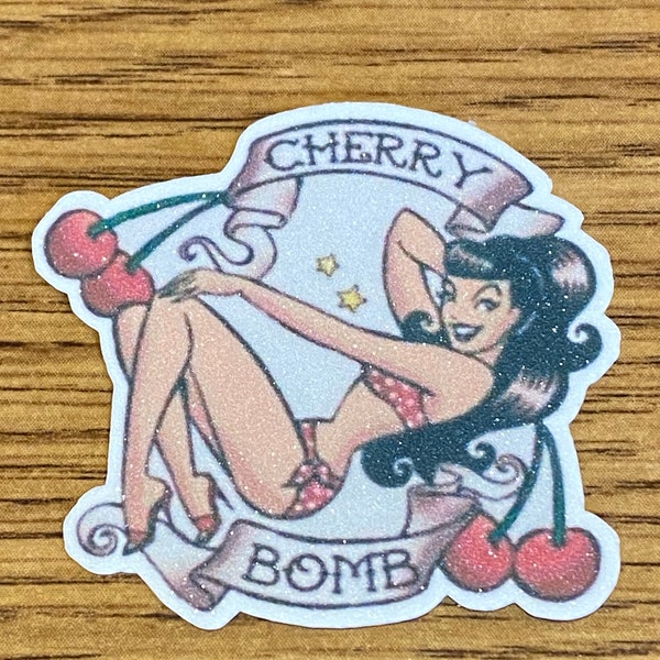 Vintage tattoo. Cherry Bomb!  2” sticker glitter overlay