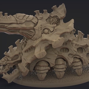 May include: A detailed, beige-colored miniature model of a bio-mechanical creature. The model features intricate, textured details, including sharp claws, segmented body parts, and a menacing head with multiple appendages. The creature is posed on a circular base.