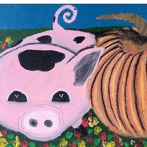 Pintura de cerdo y calabaza, pintura acrílica original de mesa sobre cartón, arte para amantes de los animales, imagen de animales de granja
