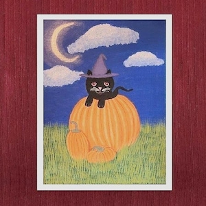 Impresión artística de Halloween de 8,5 x 11 pulgadas, decoración de pared de gato brujo con calabaza, paisaje de temporada espeluznante, galería de luna creciente para pared y mesa.