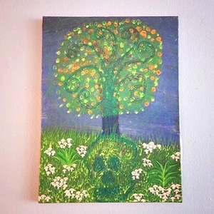 Surreal Tree Of Life, Original Fantasy Acrylic Wall Painting, Black Light Reactive Decor, UV Reactive Skull And Mushroom Nature Inspired Art