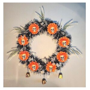 Halloween Skull Wreath, Handmade Gothic Floral Door Decor with Bells