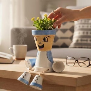 Może przedstawiać: Ręcznie robiona ceramiczna doniczka w kształcie uśmiechniętej postaci, trzymająca roślinę sukulentową z żółtymi kwiatami. Doniczka ma niebieskie akcenty i zwisające stopy. Ręka delikatnie dotyka rośliny. Doniczka stoi na drewnianym stole.