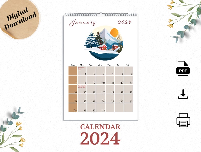 Calendar 2024, Printable Calendar 2024 With USA Holiday Dates, Wall