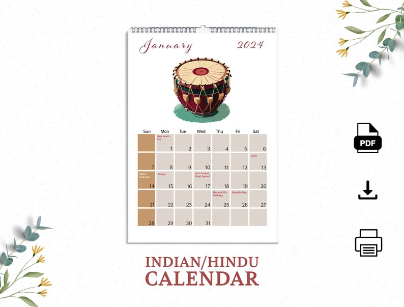 Indian Calendar 2024 With All Festivals and Holidays, Indian Printable