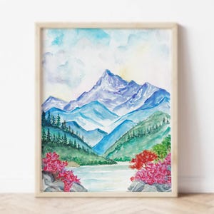 Mountain and Lake Watercolor Painting Print, Nature Inspired Decor, Mountain Art, Fine Art Prints, Landscape Artwork, Gift for Nature Lovers