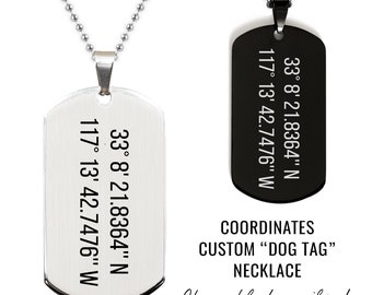 Custom Coordinates Dog Tag Necklace Personalized Location Engraved Necklace Ball Style Chain Gift for Anniversary Boyfriend Couples Gift