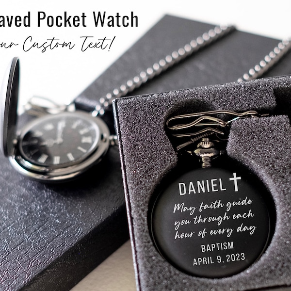 Custom Gift for Baptism Personalized Pocket Watch Black Pocket Watch with Chain Baptism Gift for Boys for Men Christian Baptism Keepsake