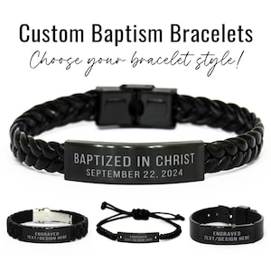 Custom Baptism Bracelet “Baptized in Christ” Personalized Engraved Black Bracelet for Gift for Boy Teen Men Christian Baptism Gift