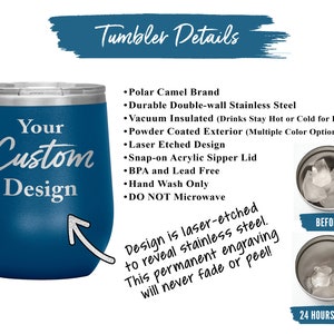 以下が含まれることがあります： 「Your Custom Design」とレーザー彫刻された青いステンレス製のタンブラーです。タンブラーは二重壁で真空断熱されており、飲み物を何時間も温かくまたは冷たく保ちます。スナップオン式のシッパーリッド付きで、BPAフリー、鉛フリーです。画像は、タンブラーの断熱性を示すために、氷を入れた状態での24時間前と24時間後のタンブラーを示しています。