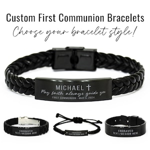 Custom Gift for First Communion Personalized Engraved Bracelet Black Braided Leather Rope Bracelet Gift for Boys Gift Christian Gift