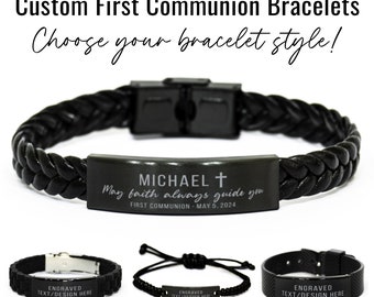 Custom Gift for First Communion Personalized Engraved Bracelet Black Braided Leather Rope Bracelet Gift for Boys Gift Christian Gift