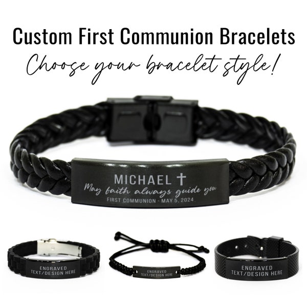 Custom Gift for First Communion Personalized Engraved Bracelet Black Braided Leather Rope Bracelet Gift for Boys Gift Christian Gift