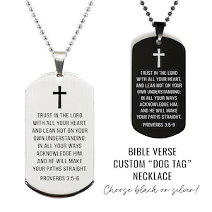 Custom Bible Verse Dog Tag Necklace with Cross Personalized Silver or Black Engraved Necklace with Ball Style Chain Gift for Men Him